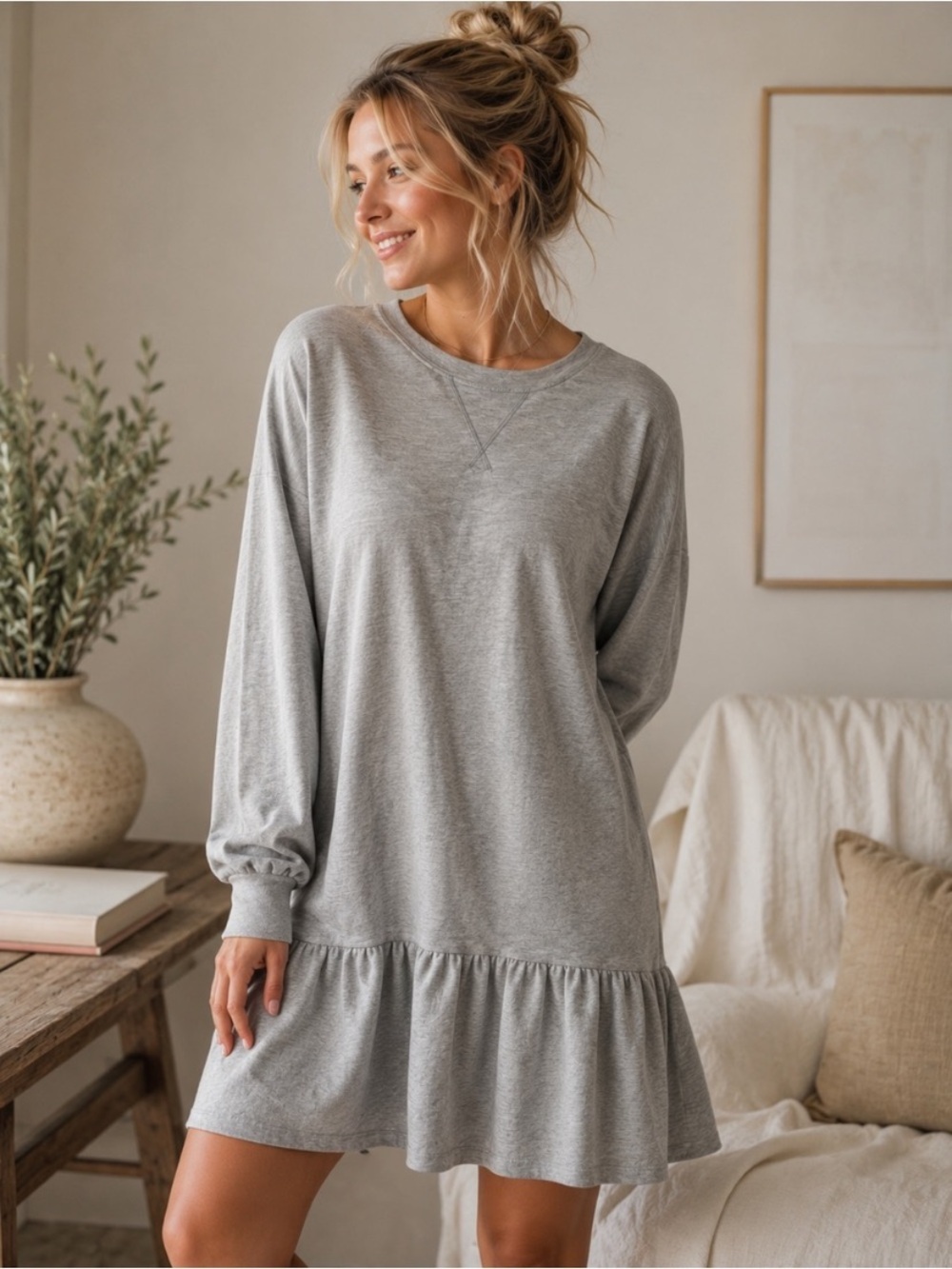 Smash + Tess Heather Gray Ruffle-Hem Long Sleeve Dress